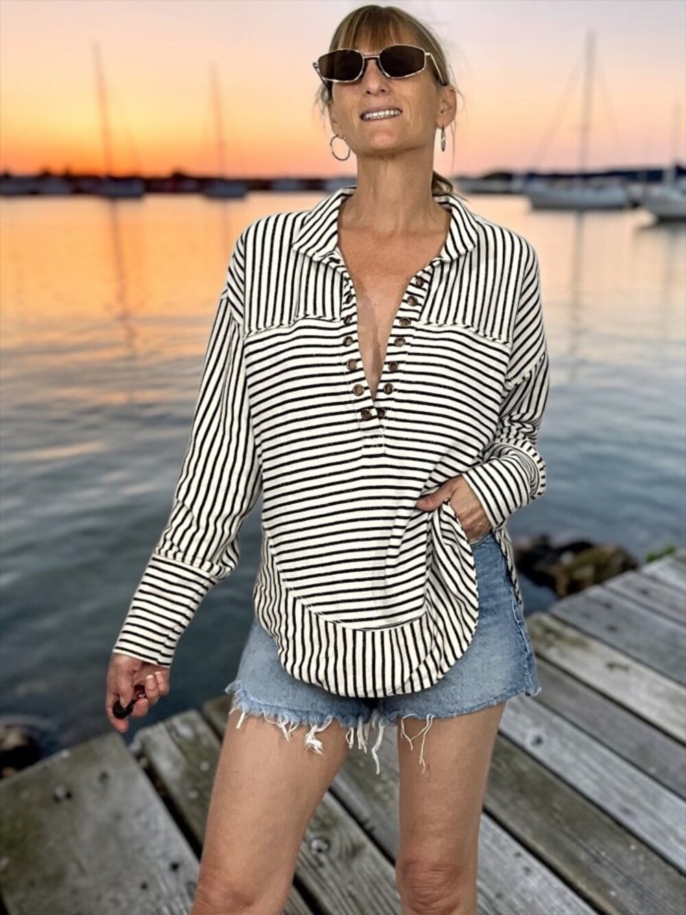 Anthropologie Pilcro Spliced Henley Top XS Black Cream Striped Oversized